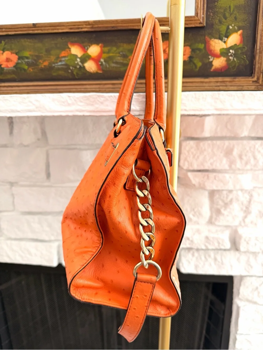 Michael Kors Hamilton Orange Ostrich Embossed Leather Satchel Shoulder Bag